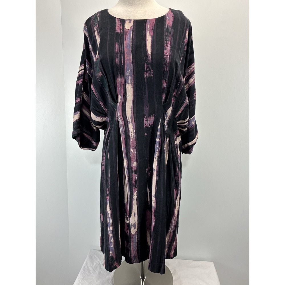 WRAP London Aileene Dress Women's 16 Abstract Linen Blend Gathered Waist Artsy